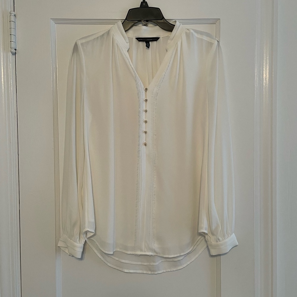 White House Black Market Cream Blouse with Cuffed Sleeves and Mandarin Collar